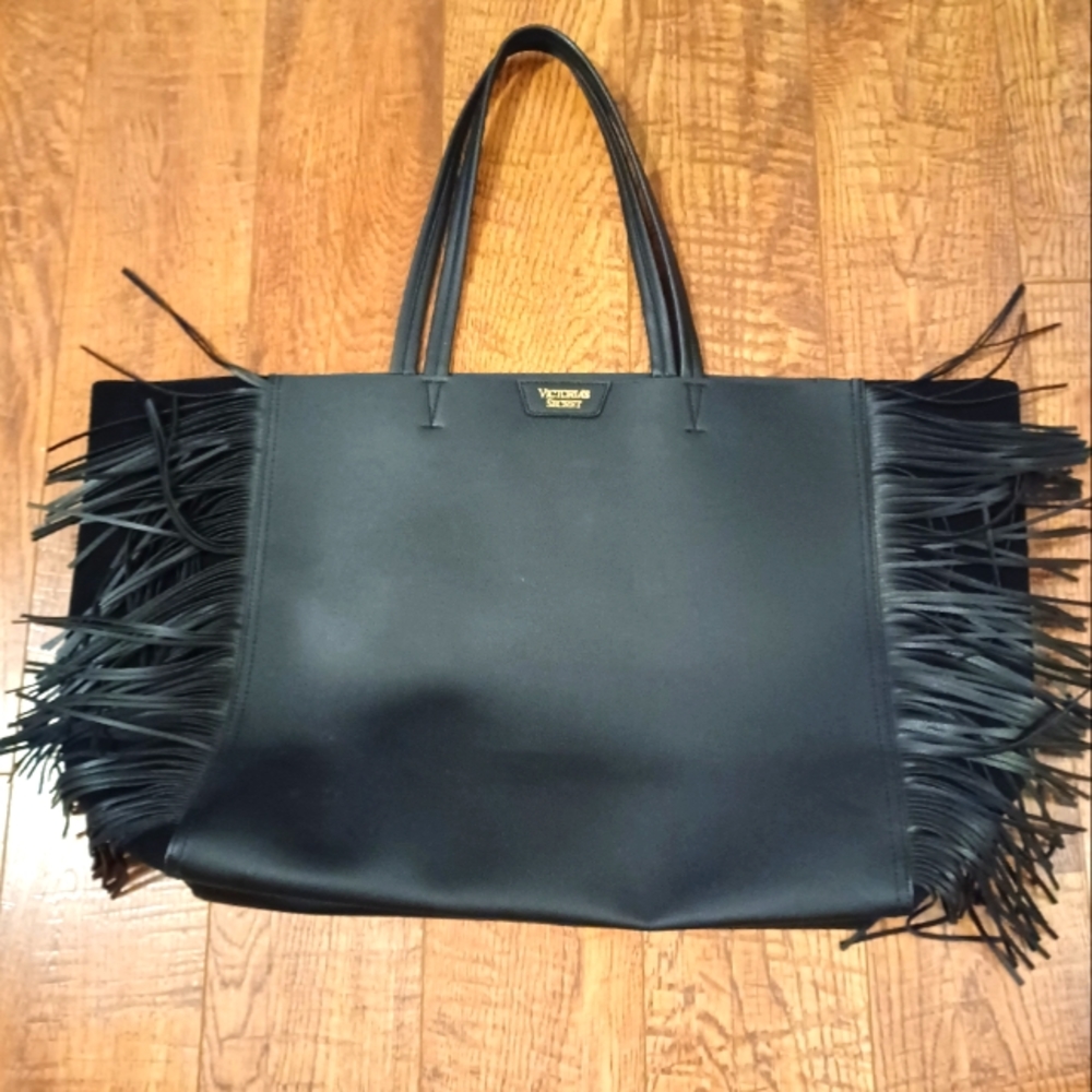 Victoria's Secret Large Tote Bag Faux Leather with Fringe Black